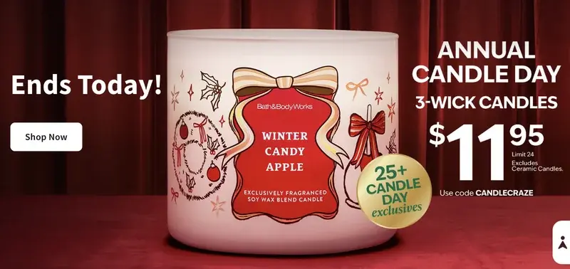 Bath & Body Works Canada Annual Candle Day Event Sale: Today Only $11.95 For All 3-Wick Candles